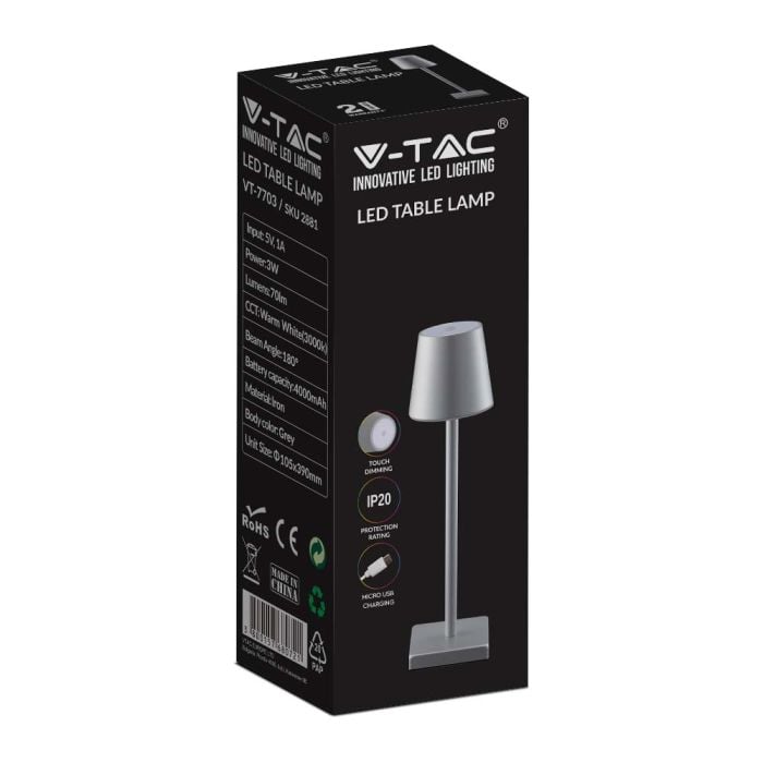 V-TAC Lámpara Recargable de Mesa - Lámparas de Escritorio - IP20 - Gris - 3W - 70 Lumens - 3000K-extra-6.webp