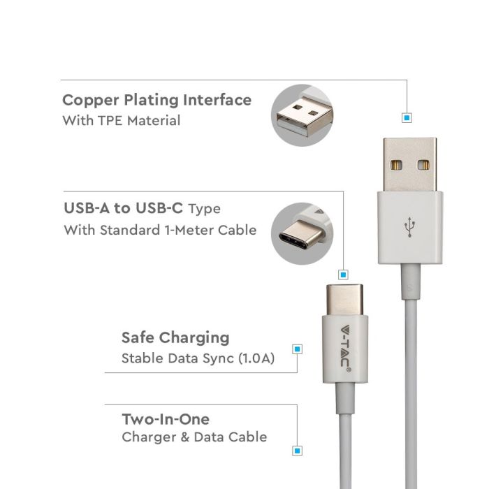 V-TAC Cable USB - Tipo C - Silver Series - Blanco - 1M-extra-3.webp