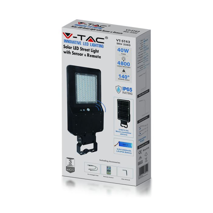 V-TAC Farola Solar - IP65 Impermeable - Negra - 40W - 4800 Lumens - 6000K-extra-5.webp