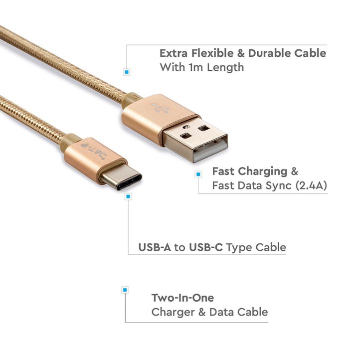 V-TAC Cable USB - Trenzado - Tipo C - Platinum Series - Oro - 1M-extra-3.webp