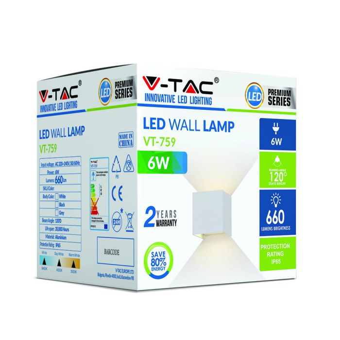 V-TAC LED Aplique Cuadrado - Bridgelux - IP65 Estanco - Blanco - 6W - 660 Lumens - 3000K-extra-5.webp