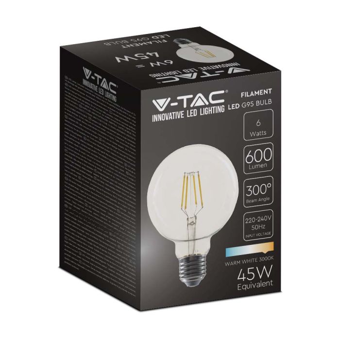 Bombilla LED V-TAC - Globo G95 - Soporte E27 - IP20 - Transparente - 6W- 600 Lumens - 3000K-extra-6.webp