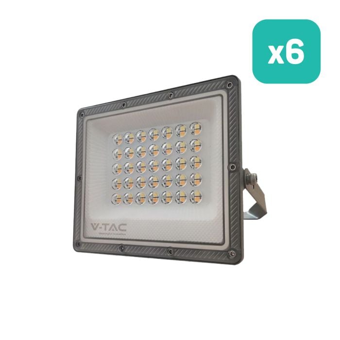 Proyector LED V-TAC - Serie CCT - Impermeable IP65 - Cuerpo Gris Pistola - 30W - 2350 Lumens - 3IN1 - Pack de 6