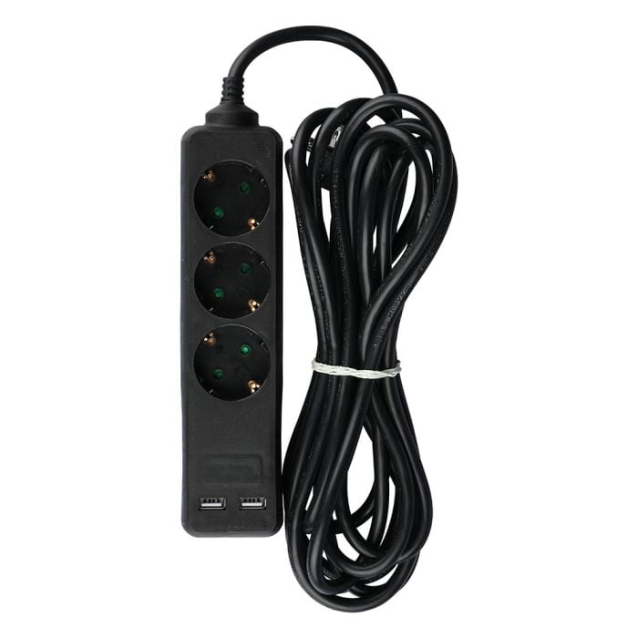 Adaptadores y tomas V-TAC - 3 vías - Toma de extensión USB - IP20 - Negro - Cable de 5 m