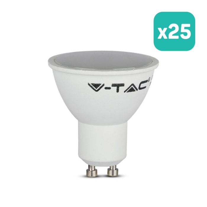 Foco LED V-TAC - GU10 - Lente 110° - IP20 - Blanco Lechoso - 4.5W - 400 Lúmenes - 3000K - Pack de 25