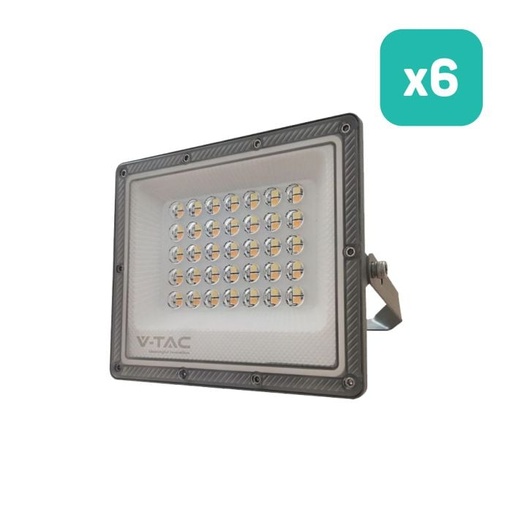 [23613] Proyector LED V-TAC - Serie CCT - Impermeable IP65 - Cuerpo Gris Pistola - 30W - 2350 Lumens - 3IN1 - Pack de 6