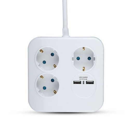 [8799] Adaptadores y tomas V-TAC - 3 vías - Toma de extensión USB cuadrada - IP20 - Blanco - Cable de 1,4 m
