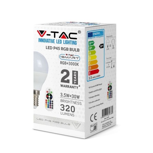 [2777] Bombilla LED V-TAC - Golf - RF RGB - Soporte E14 - IP20 - Blanca - 3.5W- 320 Lumens - RGB + 6400K